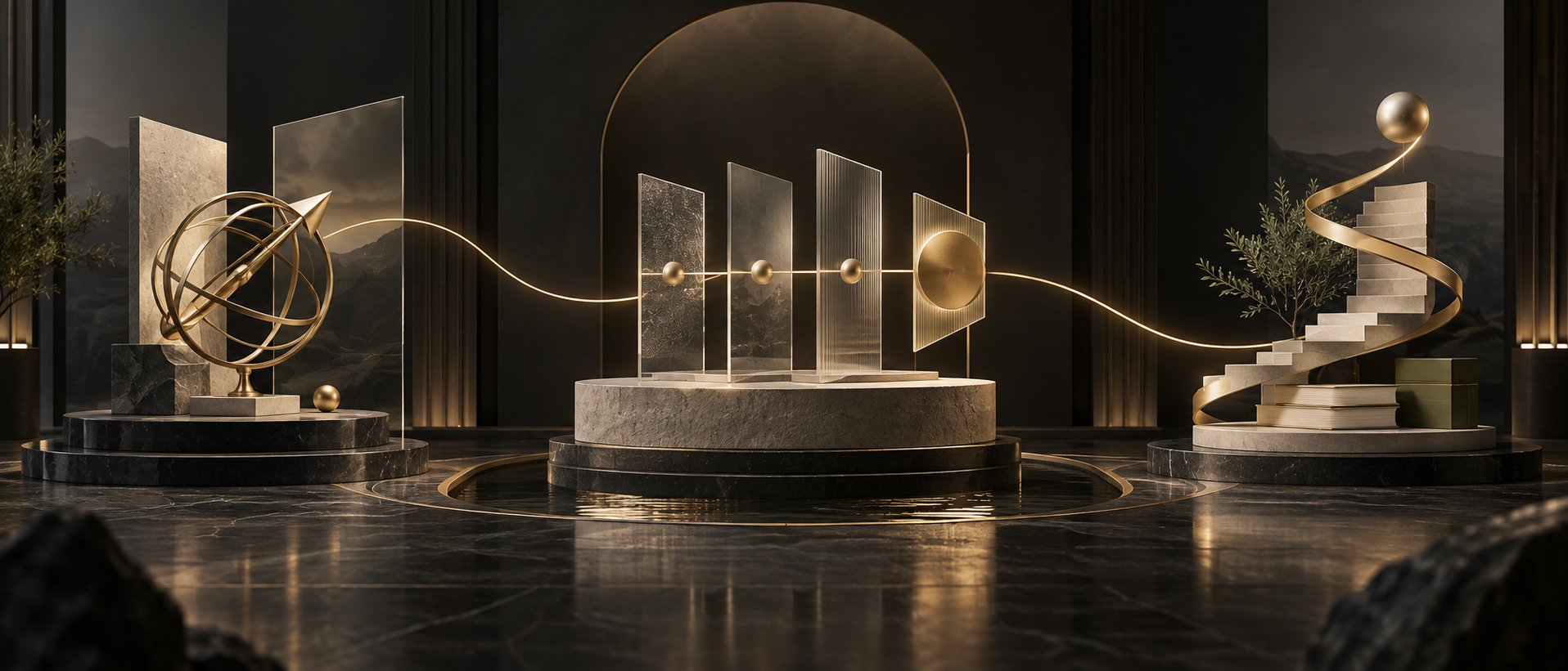Abstract black, ivory and gold installation connecting strategy, structured review and professional growth